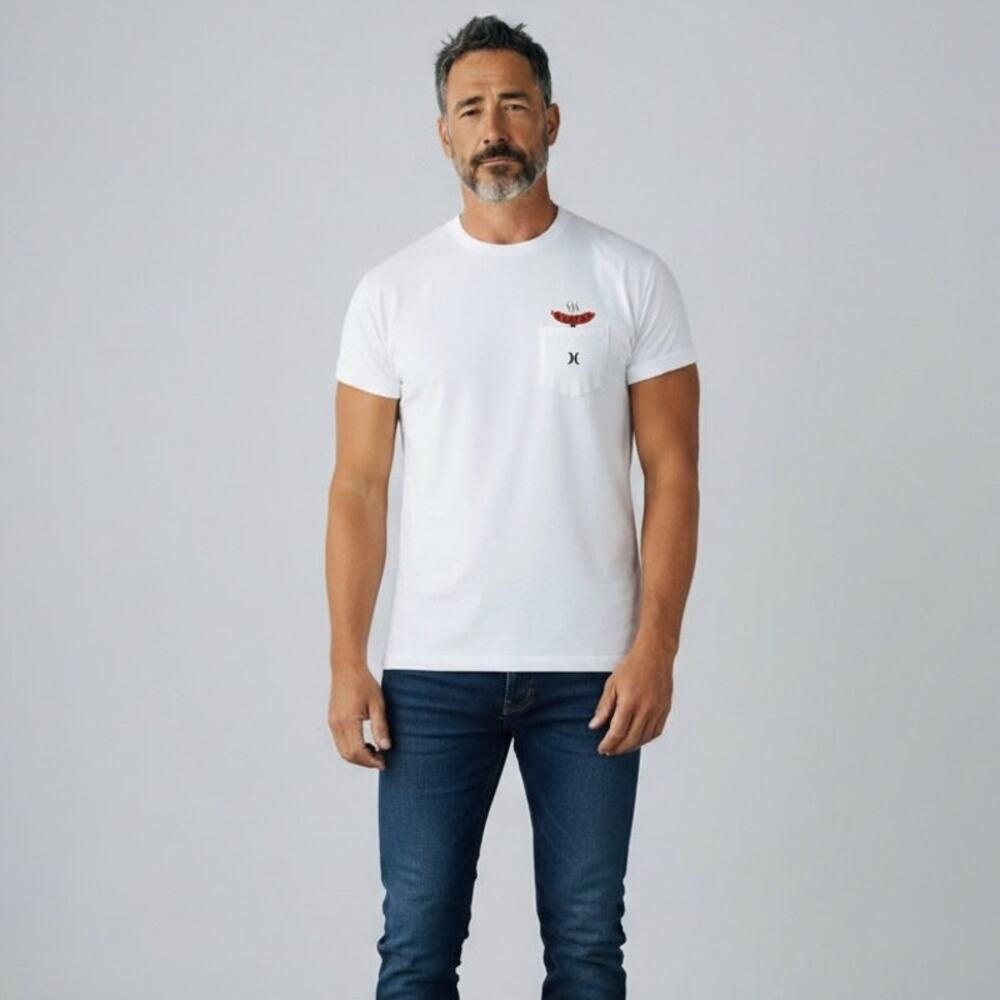 Hurley Hot Dog Pocket Graphic T-Shirt NWT Mens Sz M White BBQ Americana Casual
